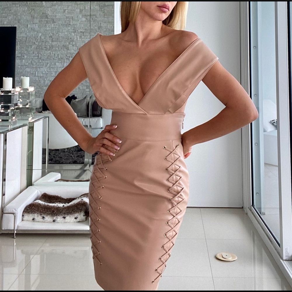 House of CB Vegan Leather Nude Dress